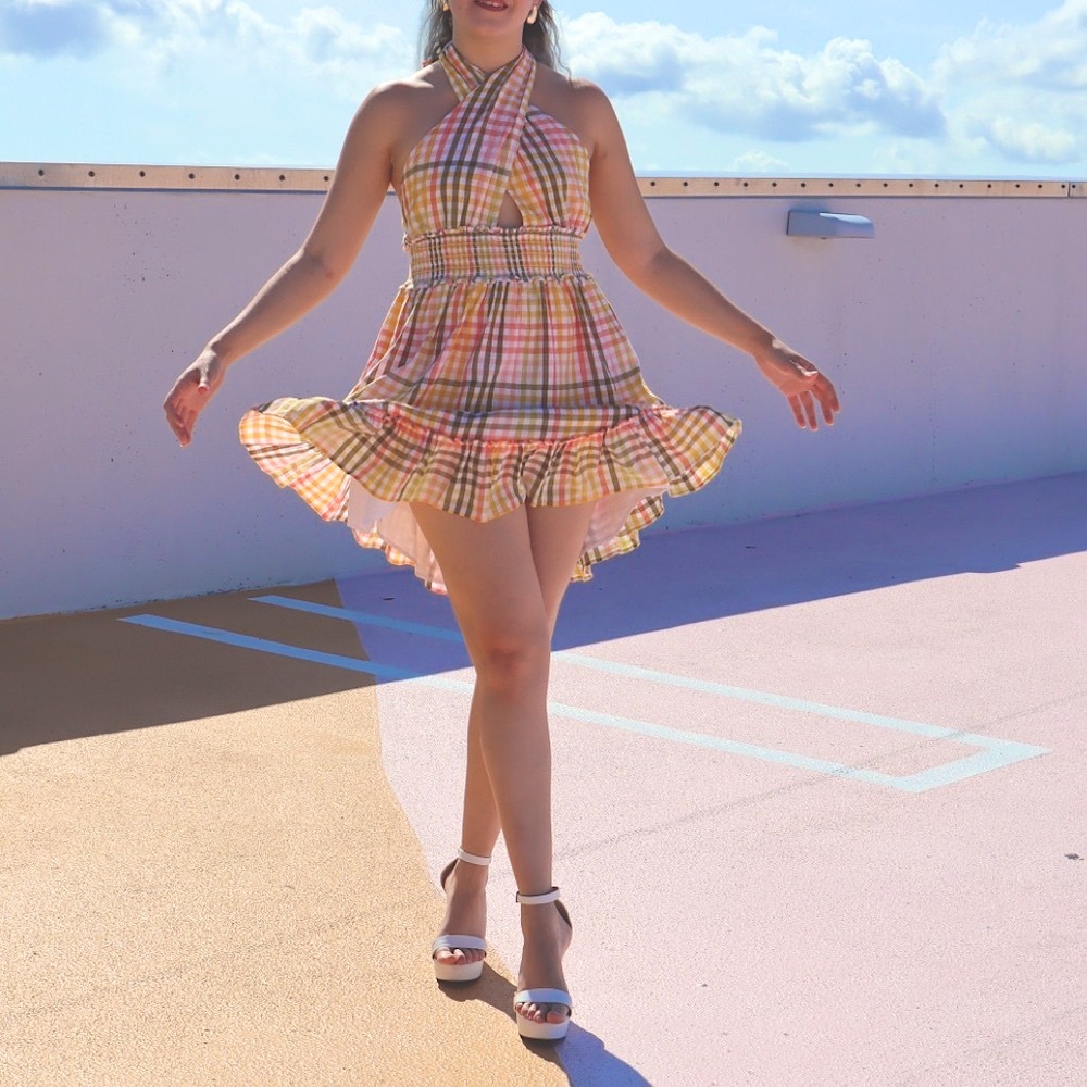 Aerie Gingham Flowy Backless Halter Dress